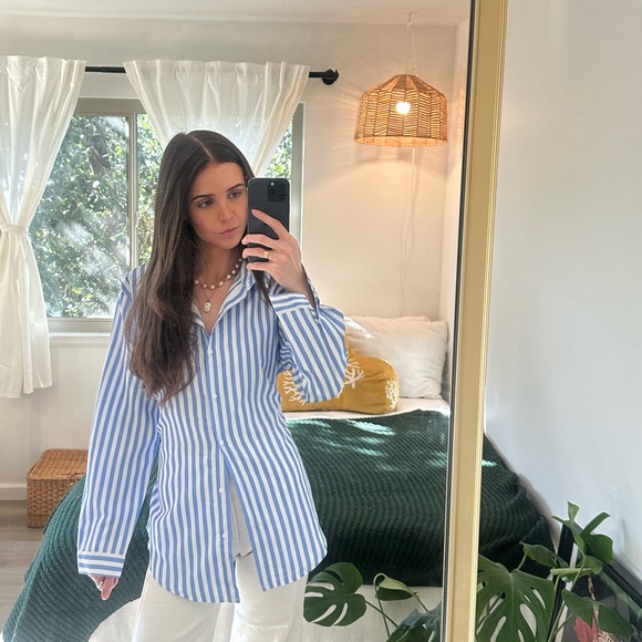 Tops - Blue and White Striped Button-Up Shirt
